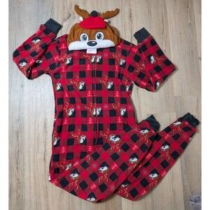 NWOT Buc-ee’s Christmas Bodysuit Pajamas Adult S/M Plaid Beaver Reindeer Hooded